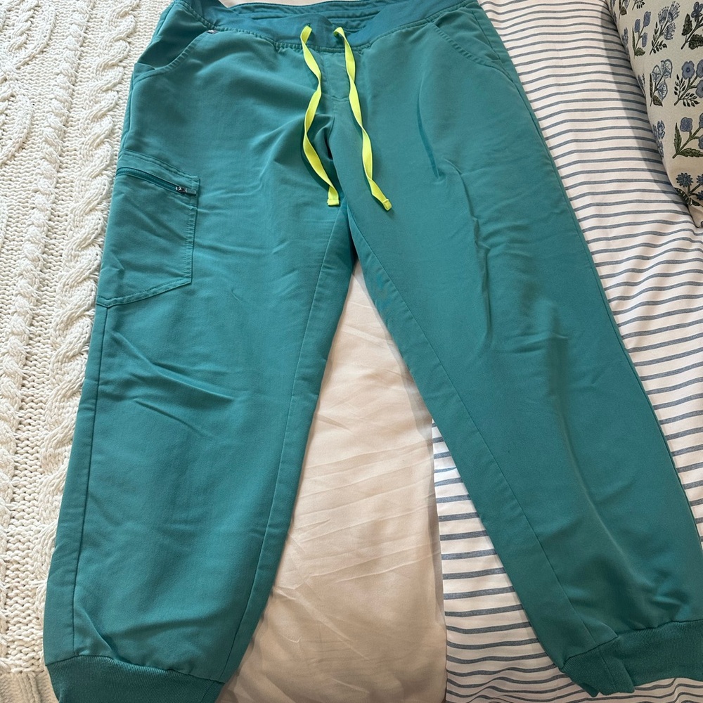 Figs Women's Teal Jogger Pants with Neon Yellow Drawstring